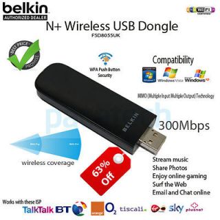 Belkin N+ Wireless USB WiFi Adapter 300Mbps F5D8055 High Speed for