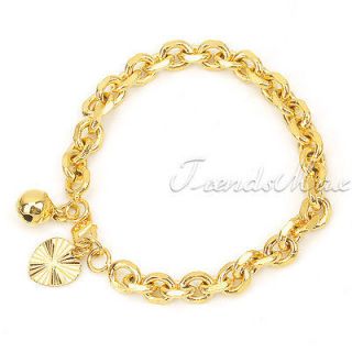 18K Gold Filled Rolo Chain GF Jewelry Heart Bell Charm Bracelet Gift