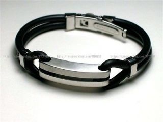 Mens Black Stainless Steel Rubber Bracelets Bangles