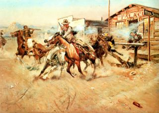 1908 Charles M Russell Painting Wild West, GUN FIGHT, Cowboys, Western