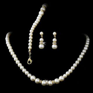 Crystal Ivory Pearl Gold Necklace Bracelet Earrings Jewelry Set