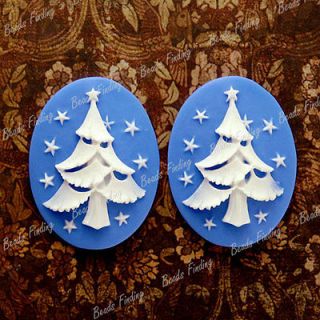 2pcs 40x30mm Flatback Oval Christmas Tree Holiday Resin Cabochons Blue