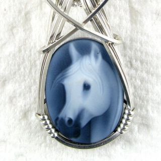 Fine Horse Black Agate Cameo Pendant Sterling Silver Jewelry
