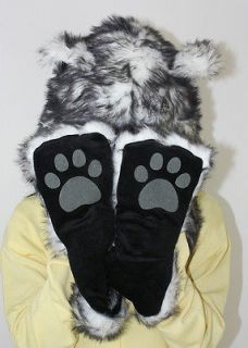Wolf Hood Hoodie Fur Hat Scarf With Mittens Gloves Pocket Paw Print