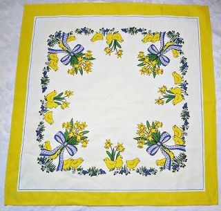  VINTAG E EASTER CHICKENS PRINT YELLOW BLUE COTTON SQUARE TABLECLOTH