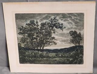 Vintage L O Griffith Indiana Artist Color Etching Twilight Signed Cows