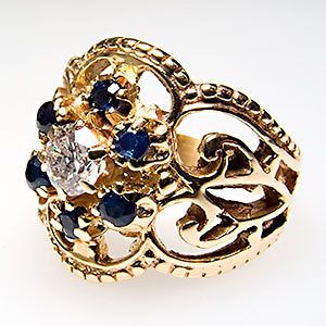 Genuine Diamond & Blue Sapphire Engagement Ring Ornate Openwork Solid