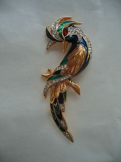 Exotic Bird Pin Brooch Designer DOrlan Enamel Pave Rhinestone