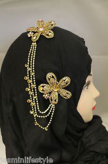 Ladies Diamante Double Chain FlowerBrooch Hijab Pin Head Piece Bridal