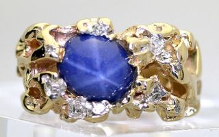MENS 9CT ROUND FANCY DIAMOND LINDE STAR SAPPHIRE 14K YGOLD NUGGET RING