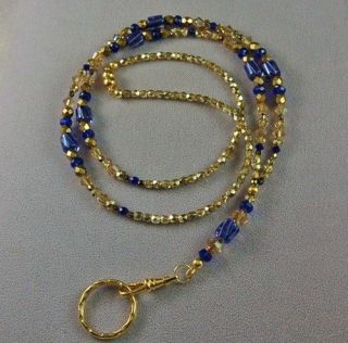 Cobalt Blue & Gold Cane Glass Lanyard Badge Holder made with Swarovski