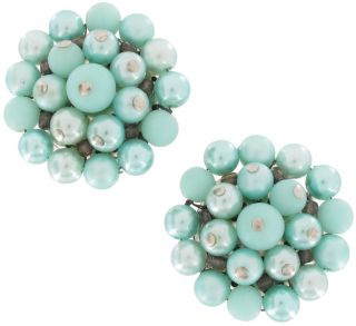 Vintage Japan Blue Green Faux Pearl Bead Button Earrings Carded