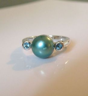 STERLING SILVER 925 GRAY FRESHWATER PEARL BLUE TOPAZ RING SIZE 10