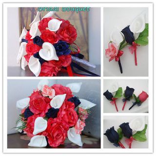 17pcCoral Navy Bridal Bouquet Corsage,Boutonniere.Wedding Silk Flower