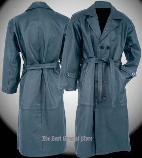 Solid Cowhide Leather Long Duster Trench Coat Double Breasted Lined