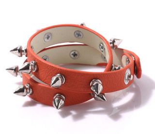 Row Leather Spike Rivet Studded Wristband Bracelet Bangle Cuff