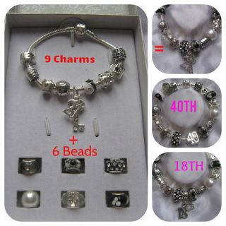 LADIES 15 CHARMS AND CHARM BRACELET 18TH 21ST 40TH BIRTHDAY IN DISPLAY