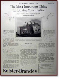 1926 Kolster Brandes tube radio & speaker AD