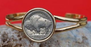 1913 38 Indian Head Buffalo Nickel Coin Gold Plated Cuff Bracelet