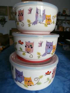 Lot of 3 Microwave Retro Owl Bowls   Different Sizes   Lids Vent