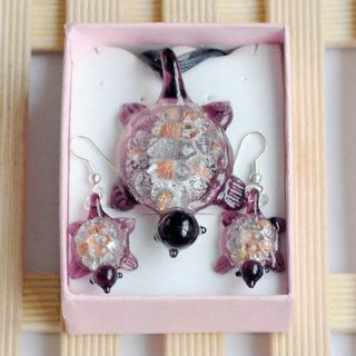 Purple Turtle Gold Dust Glass Pendant Necklace Earring 1set +Gift Box