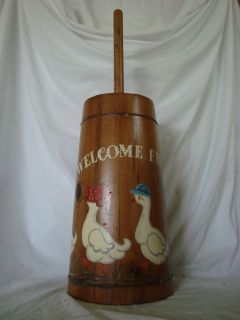 VINTAGE WOODEN BUTTER CHURN PAINTED DUCKS WELCOME FRIENDS