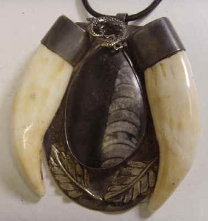 1930S STERLING SILVER FOSSIL LION TEETH NATIVE AMERICAN TRIBAL PENDANT