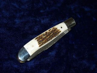 Damascus Pocket Knife with Stag Handle & Leather Sheath Handmade by