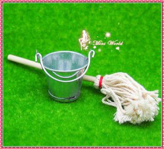 Miniature Kitchen Garden Metal Tin bucket with mop RU1519 D44