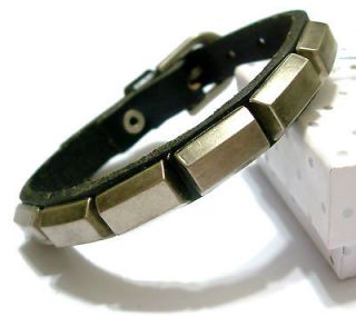 Unisex 3D Silver Alloy Brown Leather Bracelet Wristband Bangle Rock
