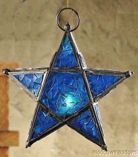 BLUE STAINED GLASS STAR CANDLE HOLDER Lantern Garden Decor Yard Accent