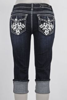 La Idol Jeans Capri w White Fabric Design and Jewels SZ 0 15 (1005CP)