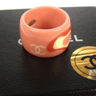 Authentic CHANEL Vintage CC Logos Ring Pink Plastic Size 7.5 03P With