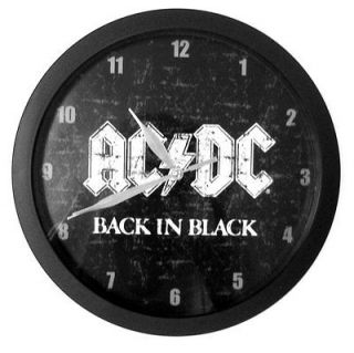 AC/DC   BACK IN BLACK ROCK N ROLL BLACK PLASTIC WALL CLOCK   NEW