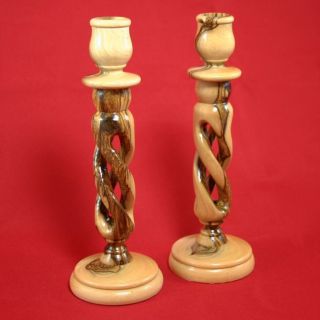 Pair of Hand Carved Bethlehem Olive Wood Taper Candle Holders 7 Inches