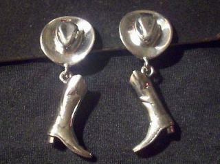 Vintage? Carolee Signed Silver Tn Cowboy Hat Dangle Boot Clip Earrings