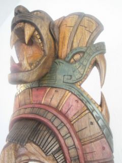 Mayan mask in cedar 17x10 inch Jaguar Warrior wood feathers serpent
