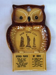 Kitchen Spoon Rest or Plaque, Ceramic Owl with NYC Landmarks and