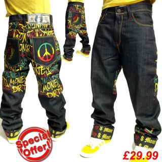 Dirty Money is ® Rasta Peace Raw Time Hip Hop Jeans Size W30   W42