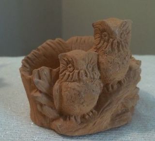 terra cotta red clay pottery Owls trinket dish or business card holder