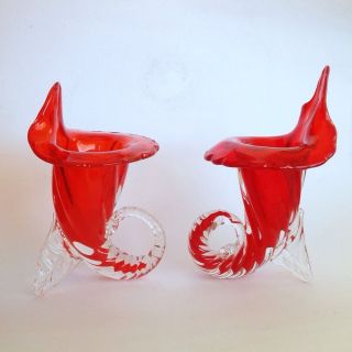Vintage MURANO Red Art Glass Cornucopia Horn Vases