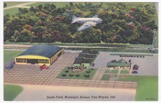 Fort Wayne IN Smith Field Airport With Plane Overhead Linen Postcard