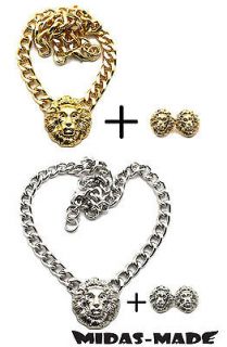 LION Charm Pendant NECKLACE Chunky 10mm Chain & Earrings SET S