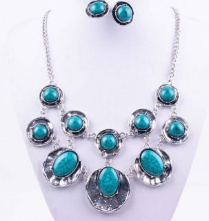 Set Antique Silver Blue Bib Necklace Earring Jewelry Set BF A1170 1