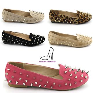 LADIES SUEDE FLAT STUDDED SLIPPERS WOMENS LOAFERS SLIP ON PUMPS SHOES