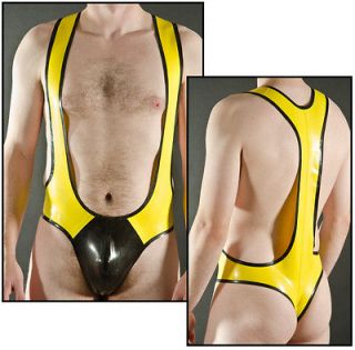 THONG STYLE Rubber WRESTLE SUIT, YELLOW with Contrast front Pouch
