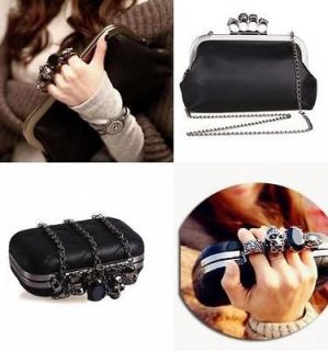 Women Black Skull Knuckle Ring Chain Handbag Clutch Evening Bag Pu