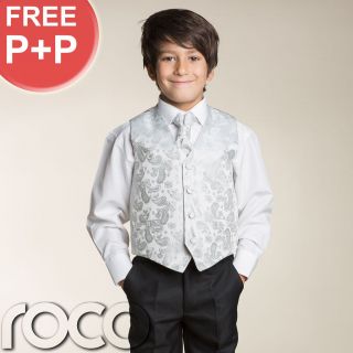 Silver 4pc Wedding Pageboy Communion Formal Paisley Waistcoat Suit