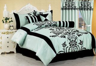 7pcs Aqua Blue and Black Floral Flocking Comforter Set Bed in a bag