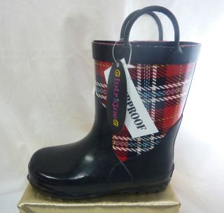 NWT Intrigue youth girls or boys rubber rain boots plaid pull on rain